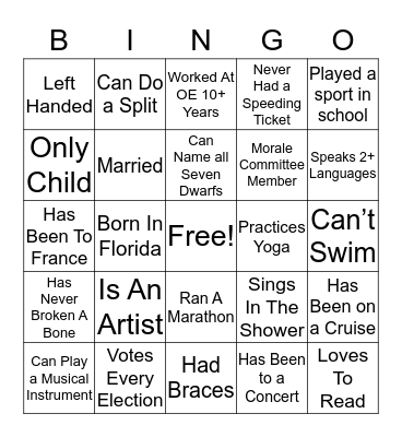 Ocala Eye Staff Bingo Card