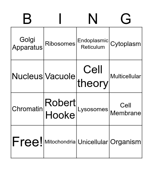 Animal Cell Bingo Card