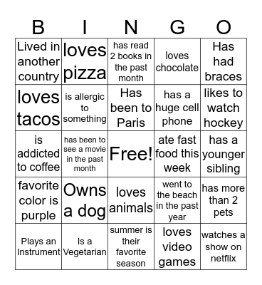 Get To Know You Bingo Card