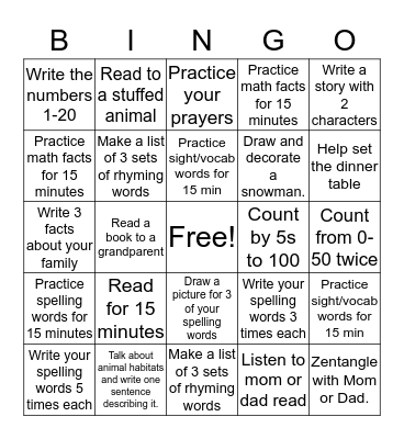 Homework Bingo Card