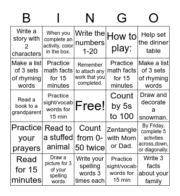 Homework Bingo Card