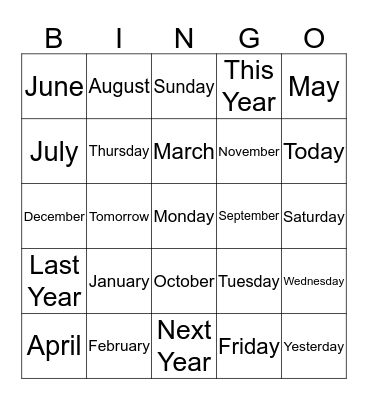 Months & Days of the Week Bingo Card