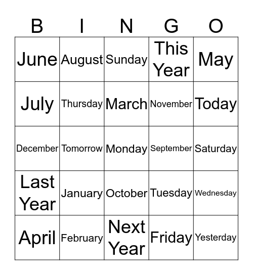 Months & Days of the Week Bingo Card