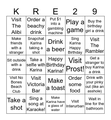 Kre Kre is 29! Bingo Card
