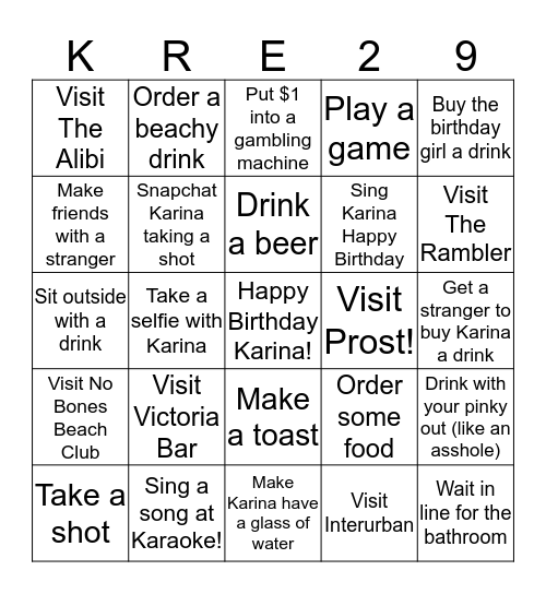 Kre Kre is 29! Bingo Card