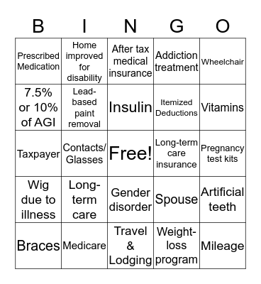 Medical Deductions Bingo Card