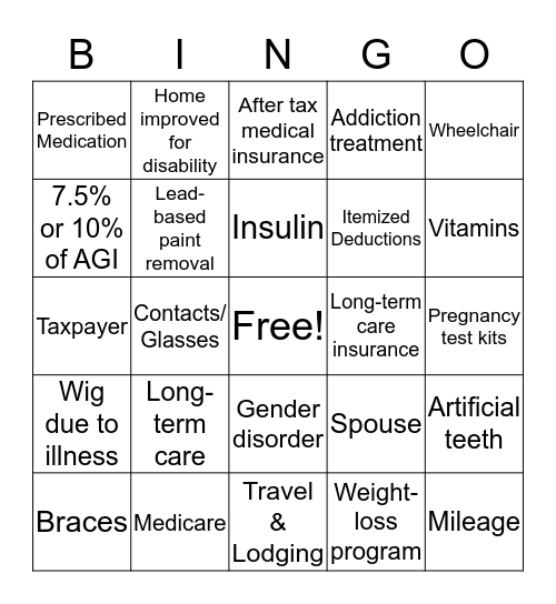 Medical Deductions Bingo Card
