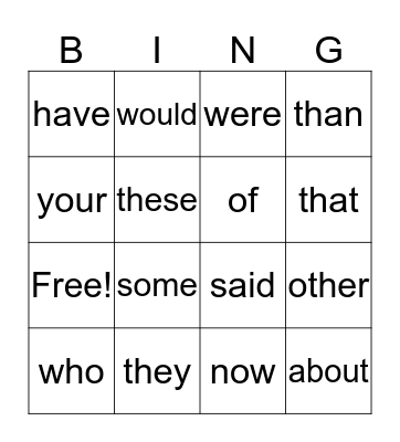 Sight Word Bingo Card