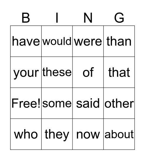 Sight Word Bingo Card
