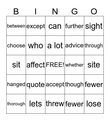 grammer Bingo Card