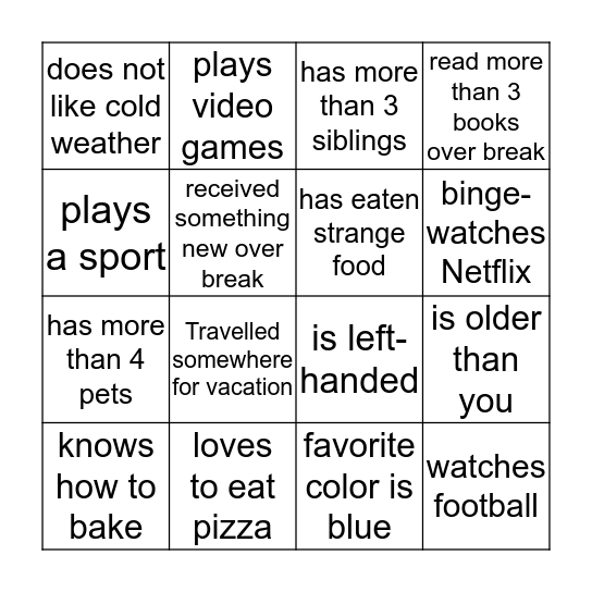 Person Scavenger Hunt Bingo Card