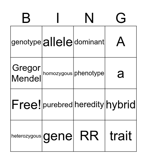 Genetics Vocabulary Bingo Card