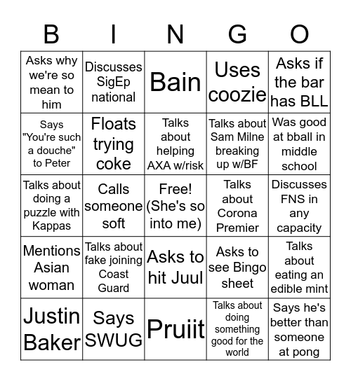 David Bingel Bingo Card
