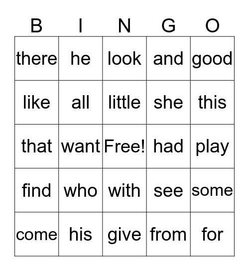 Sight Words Bingo Card