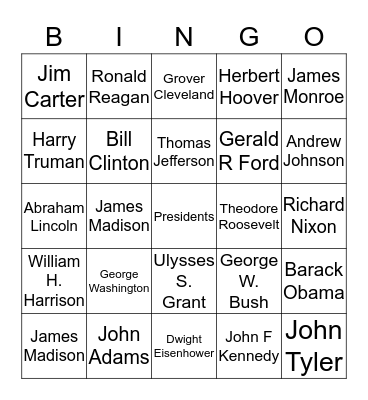 Presidents Day Bingo Card
