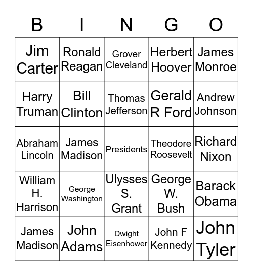 Presidents Day Bingo Card