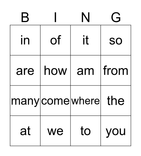 Sight Word Bingo Card