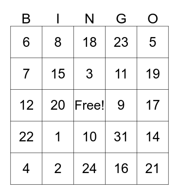 Fraction Bingo Card