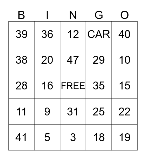BUS NUMBER BINGO  Bingo Card