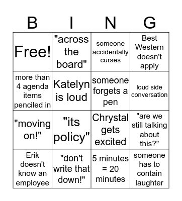 Manager's Meeting Bingo Card