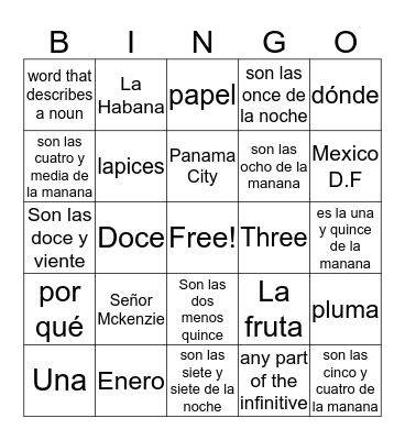 Spanish Bingo Card
