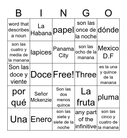 Spanish Bingo Card