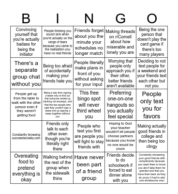 Being the Third Wheel Friend Bingo *petty and depressing* Bingo Card