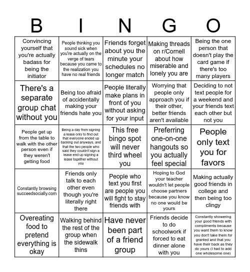 Being the Third Wheel Friend Bingo *petty and depressing* Bingo Card