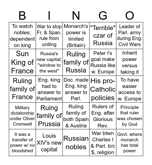 Absolutism Bingo Review!! Bingo Card