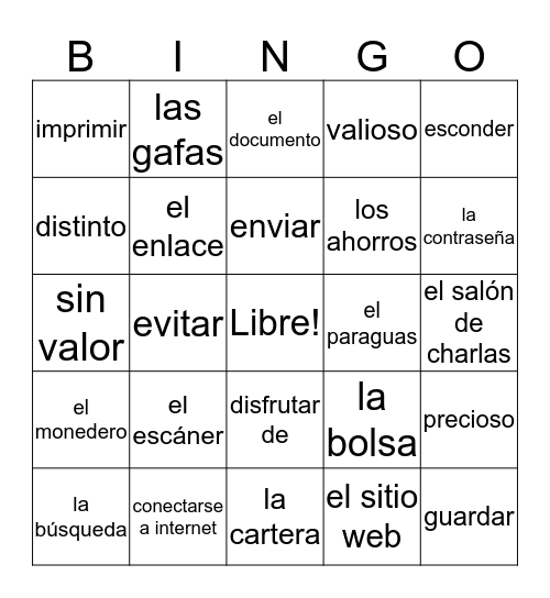 Spanish class assignment Bingo Card