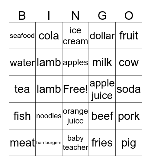 PK4b U5 Food Bingo Card