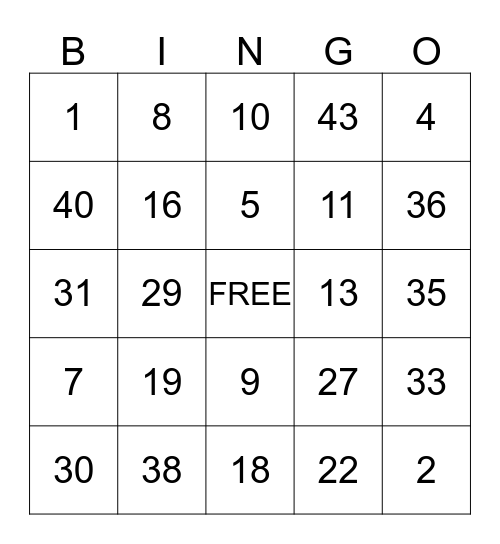 BUS NUMBER BINGO  Bingo Card