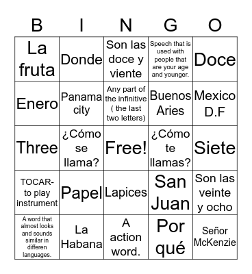 Spanish Bingo Card