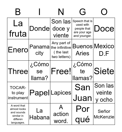 Spanish Bingo Card