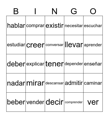 Regular Verbs Bingo Card