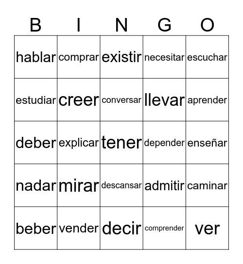 Regular Verbs Bingo Card