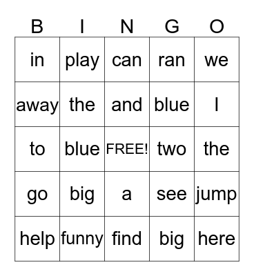 Word list 1 and 2 Bingo Card