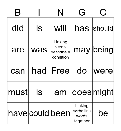 Linking Verbs Bingo Card