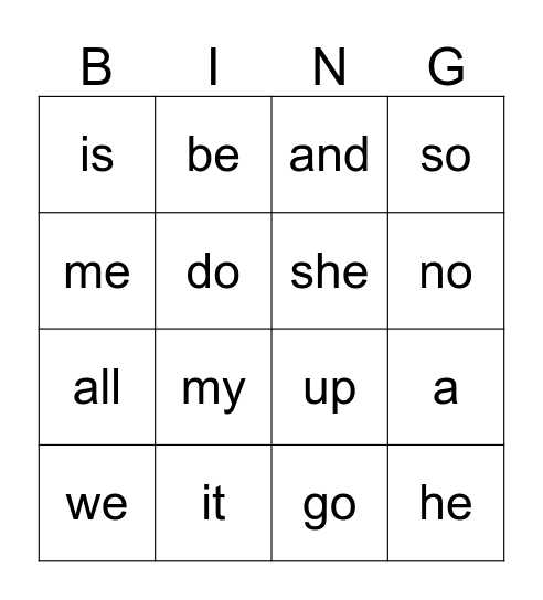 Sight Word Bingo Card