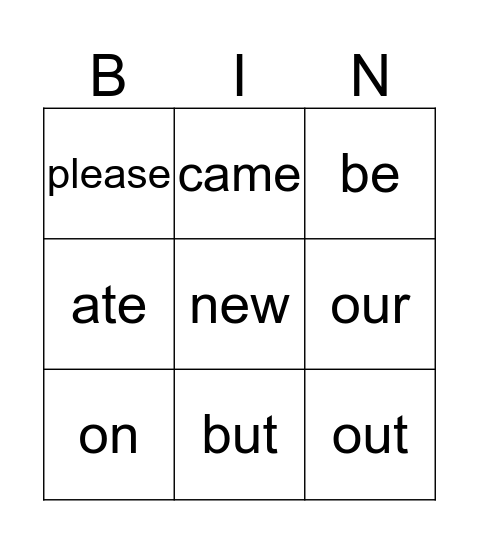 Sight Words  Bingo Card