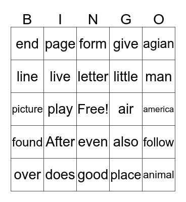 2nd Grade Fry Words Bingo Card