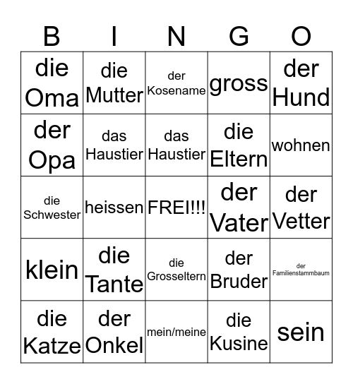 die Familie Bingo Card