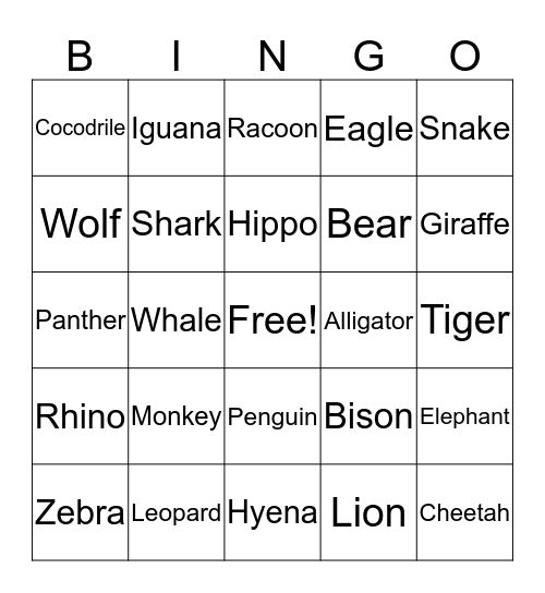 Wild animals Bingo Card