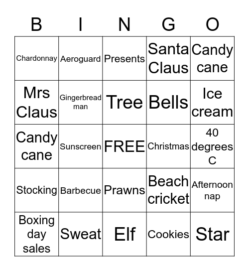 Australian Christmas Bingo Card