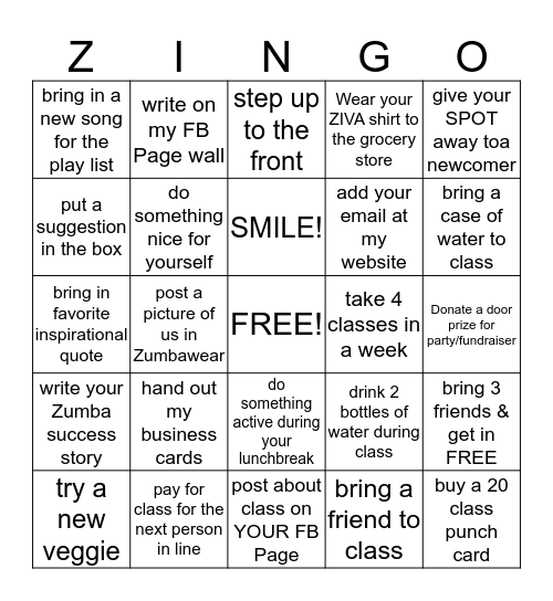 ZINGO Bingo Card