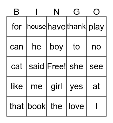 Heart Words  Bingo Card