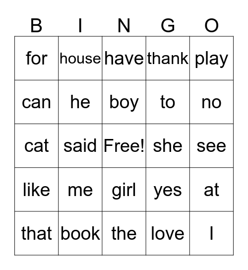 Heart Words  Bingo Card