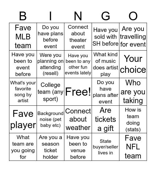 Fan Connections Bingo Card