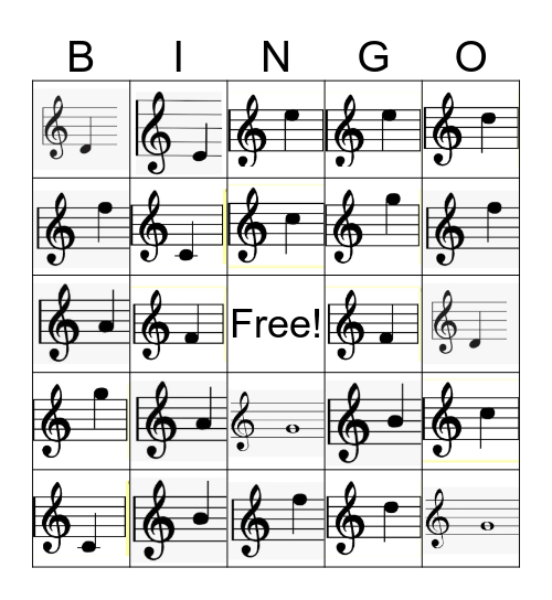 Treble Clef Bingo Card