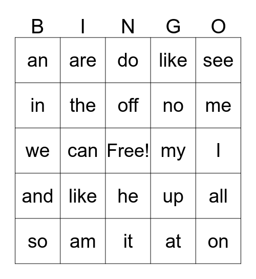Etta's Sight Word Bingo Card
